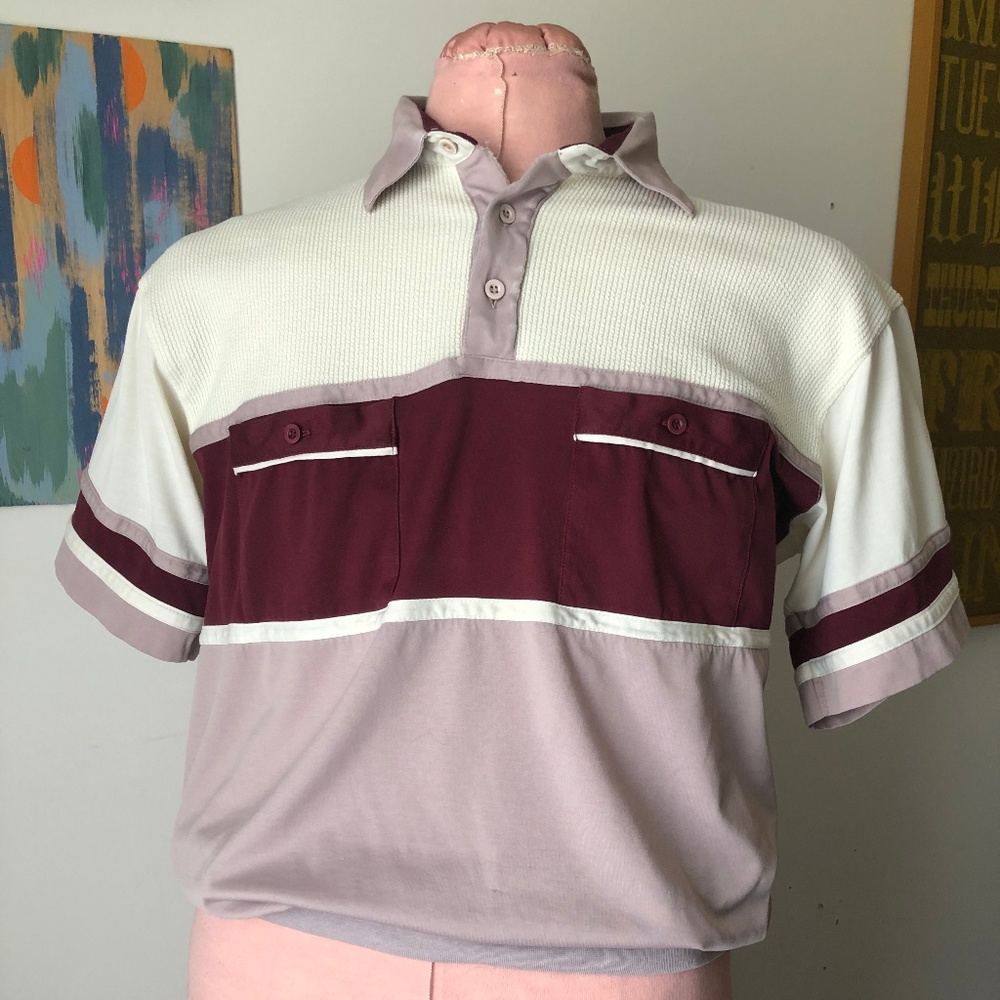 Vintage Polo Shirt Maroon Tan Ivory Large